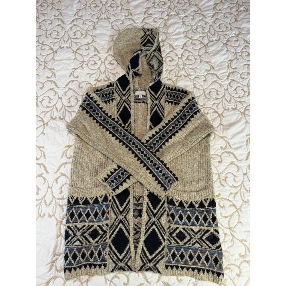 Lucky Brand Cardigan Sweater M Hooded Aztec Southwestern Boho Open Front Cotton